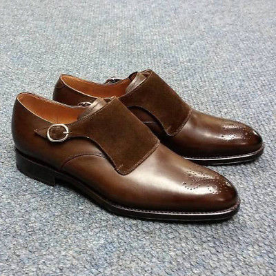 Handmade Brown Suede Monk Shoes, Men Brown Monk Genuine Leather Shoes 2019