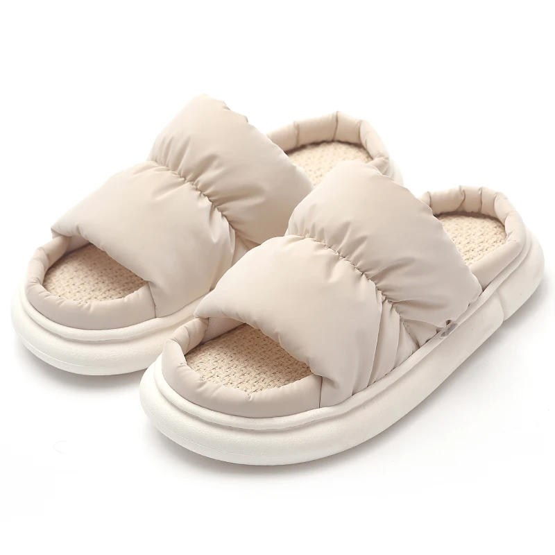 Women Linen Slippers 2024 New Summer Cotton Soft Thick Non-slip Sole Slides Coup - £33.77 GBP