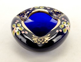 Cobalt Art Glass Tri-corn Rose Bowl/Ashtray, Gold Paint w/Abstract Floral Art - £22.98 GBP