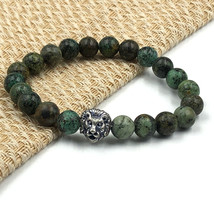 Natural African Turquoise &amp; Lion 8 mm Bead 7.5&quot; Stretch Bracelet TSB-92 - £9.20 GBP