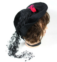 1930s B Altman Co Hat Furfelt Mohair Womens Black Pink Ribbon Made in Austria - £91.28 GBP