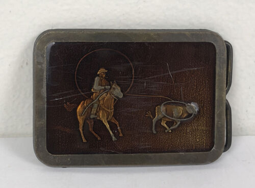 Western Style Brass? Belt Buckle W/ Cowboy on Horse Roping Calf - $7.92