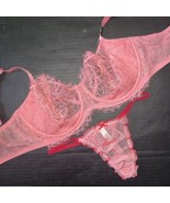 Victoria&#39;s Secret unlined 34DD BRA SET thong PINK lace Fraise Embroidere... - £54.91 GBP