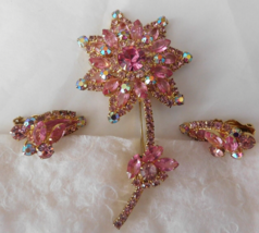 D&amp;E Juliana Flower Brooch Matching Earrings Pink AB Chaton Rhinestones HTF VGVC - £159.80 GBP