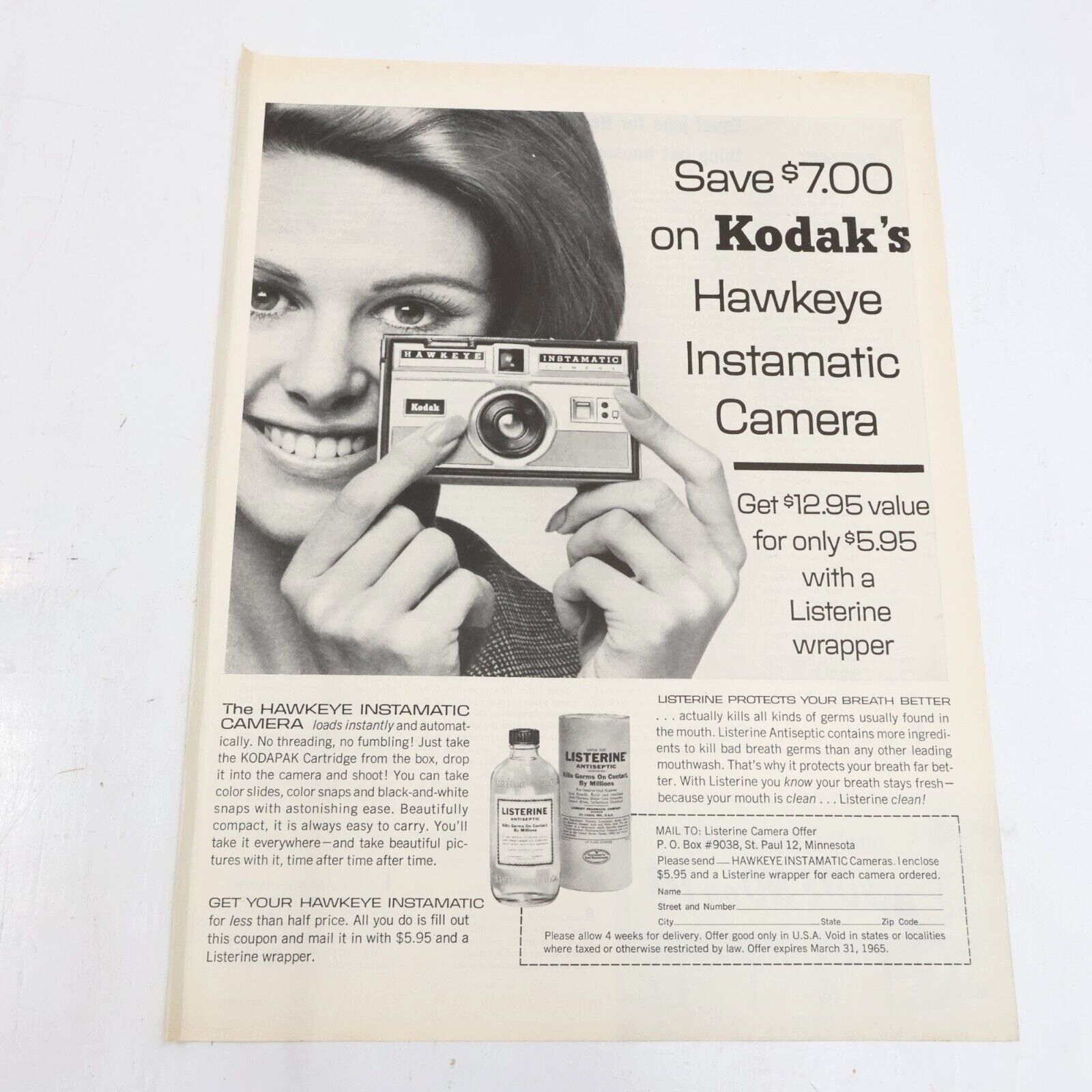 1964 Kodak Hawkeye Instamatic $7 Off with Listerine Wrapper Print Ad 10.5x13.5 - $6.30