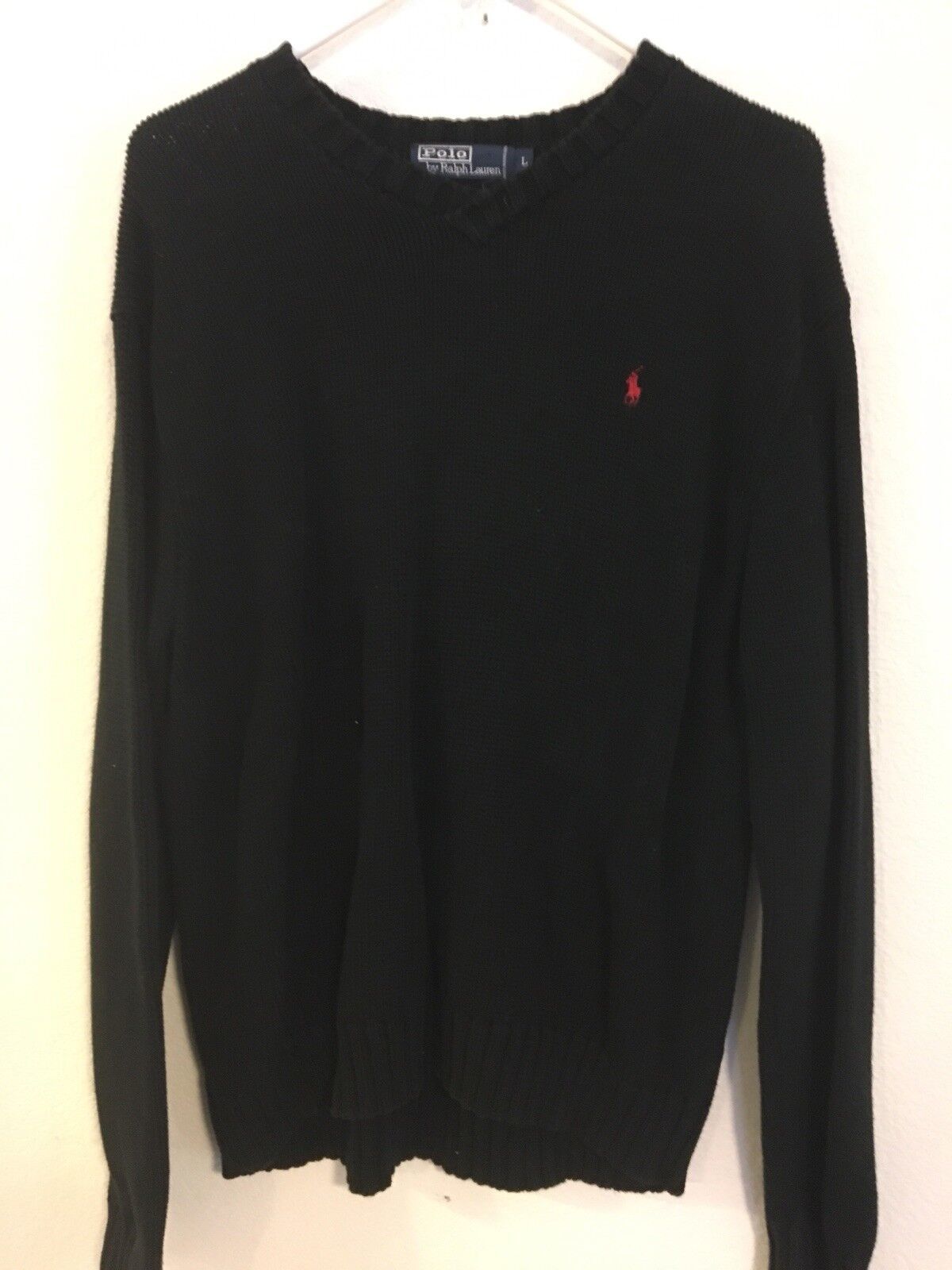 Ralph Lauren Polo Sweater Solid Black Red Pony Men's Size L 100% Cotton Winter - £18.61 GBP