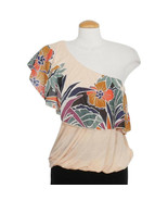FREE PEOPLE Peach Annka Tencel Linen Knit Floral Ruffle One Shoulder Top M - £23.69 GBP