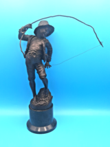 Alois Mayer German Signed 1850 Rare Bronze Boy Fishing Sculpture Marble Base - $368.98