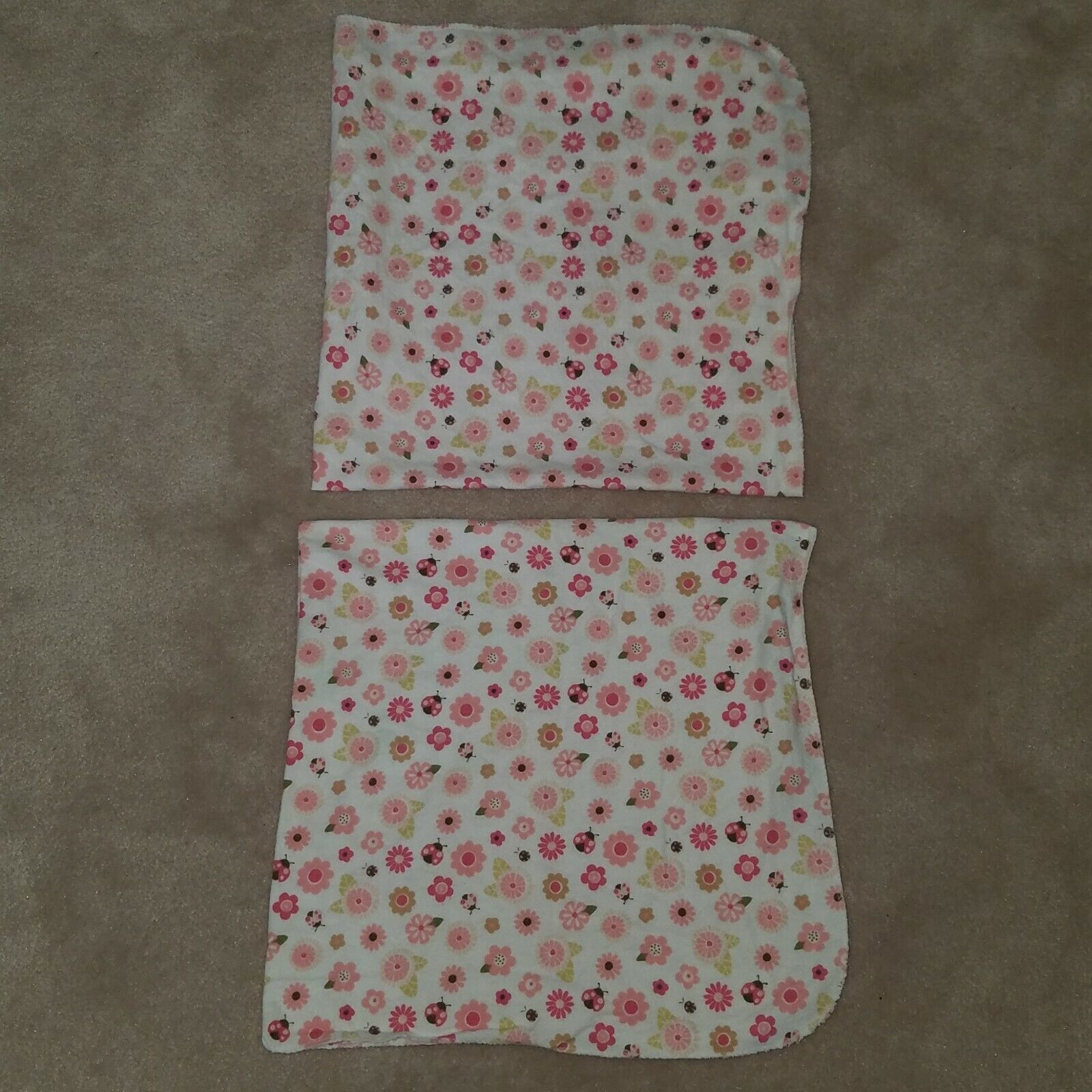 2 Tiddliwinks Pink Brown Flowers Ladybugs Receiving Blanket Lot Lovey Cotton - $21.00