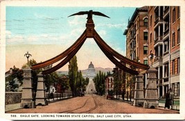 Eagle Gate Looking Towards State Capitol Salt Lake City Utah Postcard - £7.81 GBP
