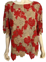 NWT Chico&#39;s Tan and Red Short Sl Lined Lace Top  Size XL - £29.88 GBP