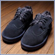 Navy Blue Leather Suede Flats Thick Fur Lined Padded Short Laced Unisex Shoes