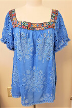 Johnny Was Embroidered Happy Sia Blouse Sz-L Azure Blue - £143.86 GBP