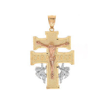 14K Tri Color Gold Caravaca Cross Pendant with Attending Angels - £336.62 GBP