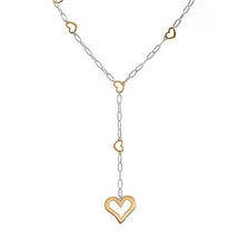 14K White Gold Elongated Cable Chain Necklace with Gold Hearts in Two To... - £719.34 GBP