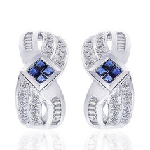 0.50 Carat Diamond and Sapphire Cluster J-Hoop Earrings 14K White Gold - $596.08