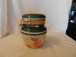 Cream, Blue & Green & Red Onion Hermetic Seal Ceramic Canister from Gibson 7" - $45.00