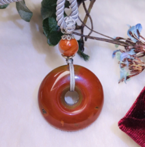 Natural red agate Necklace Rope necklace PinAnKou Donut pendant peace love gift - £80.86 GBP