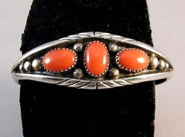 Vintage Old Pawn Red Coral Bracelet Native Sterling Silver Cuff s6.25 c1970s - £642.27 GBP