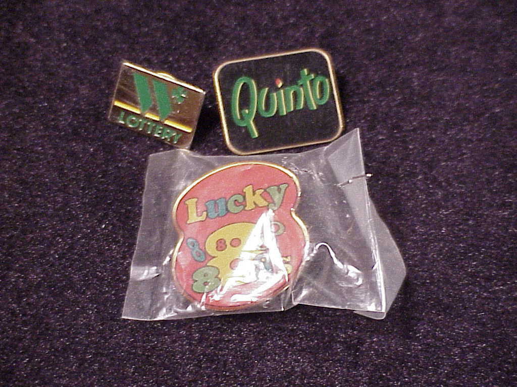 Lot of 3 Washington State Lottery Promotional Pins, Quinto, Lucky 8's - $7.95