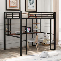 Full Size Loft Metal&amp;MDF Bed with Long Desk and Shelves,Black - $395.46