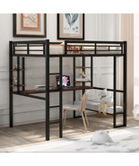 Full Size Loft Metal&amp;MDF Bed with Long Desk and Shelves,Black - £311.19 GBP