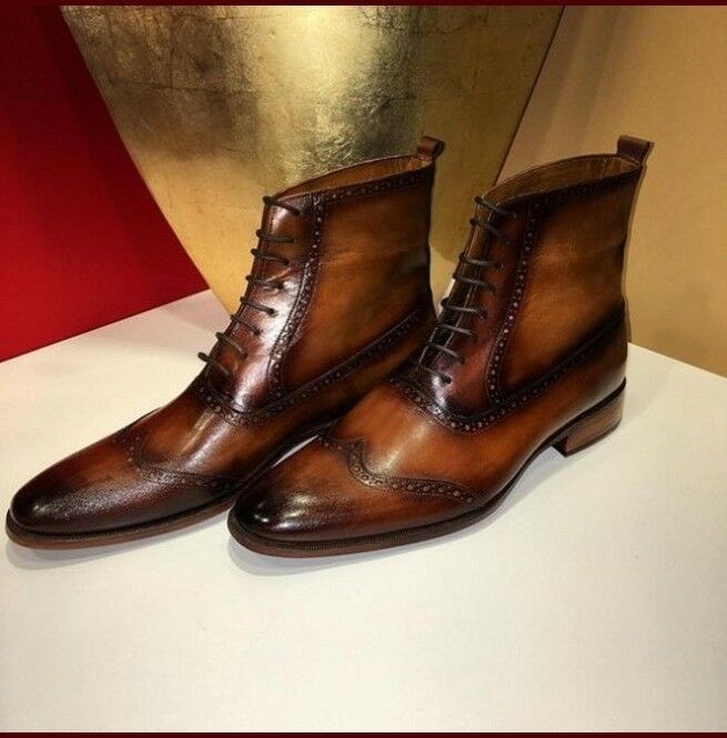 Two Tone High Ankle Wing Tip Burnished Toe Premium Leather Lace Up Boots US 7-16
