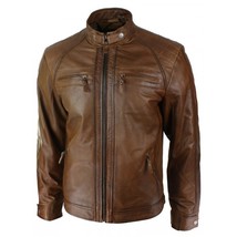 Men Retro Style Zipped Biker Jacket, Men&#39;s Real Leather Soft Brown Casual Jacket - £112.63 GBP
