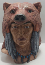 Indigenous brown bear headdress tribal ceramic bust signed 1990 Chris Koch - £77.33 GBP