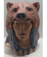 Indigenous brown bear headdress tribal ceramic bust signed 1990 Chris Koch - £76.67 GBP
