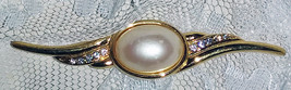 Vintage Monet Faux Pearl Brooch Pin 2 7/8&quot; Long  Gold Tone w/Rhinestone Accents - £15.01 GBP