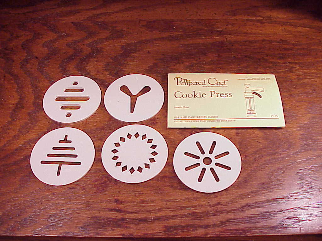 Pampered Chef Cookie Press 5 Disks and foldout instruction recipes cards, 1525 - £6.21 GBP