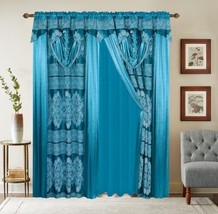 Maya Flowers Light Blue Curtains Windows Panels With Attached Valance 2 Pcs Set - £39.80 GBP