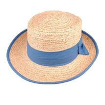 Womens Natural Raffia High Crown Boater Straw Hat Woven Straw Blue Bow One-Size - £20.89 GBP