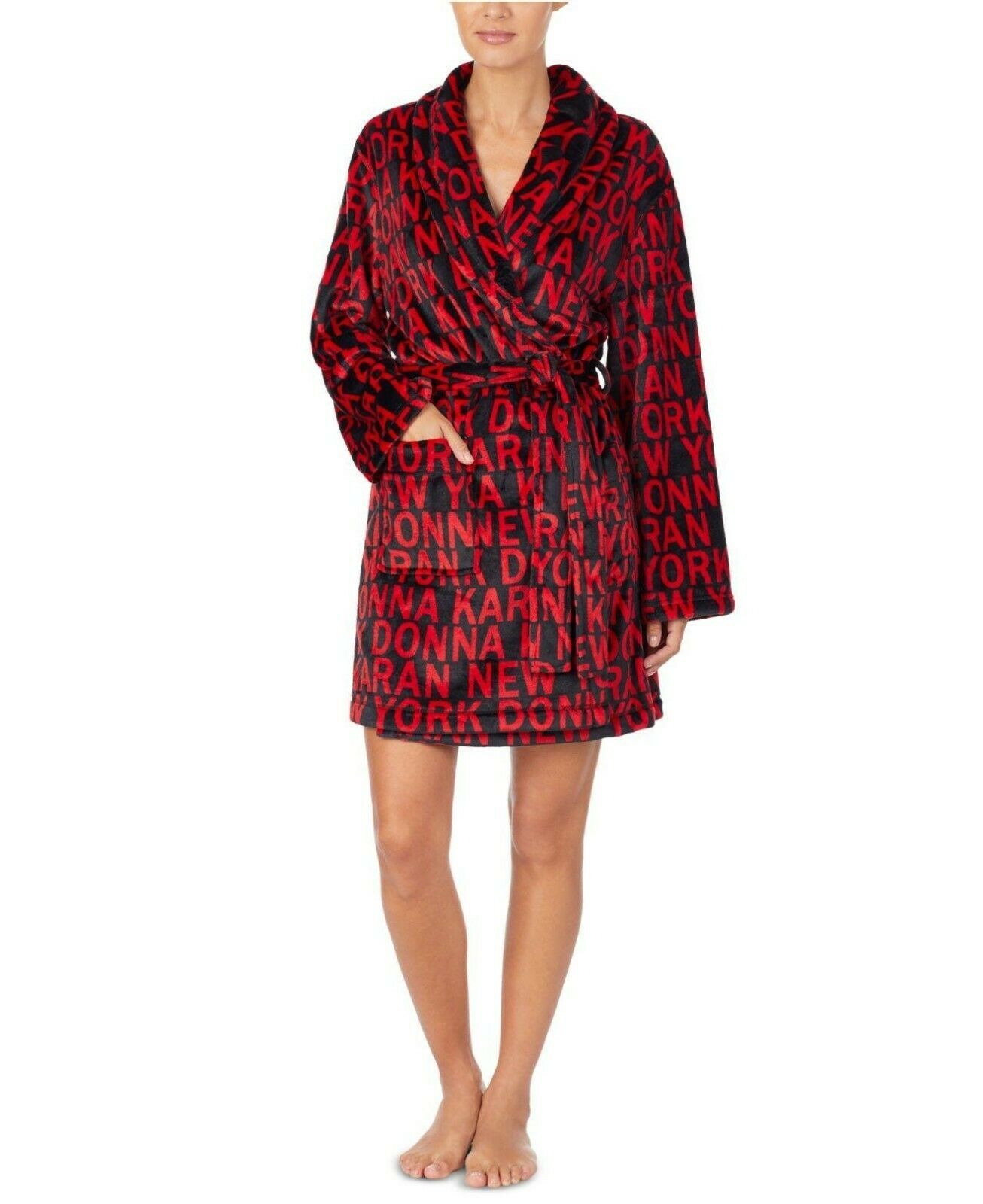 Primary image for DKNY Donna Karan Women Red Black Logo Printed Plush Chenille Short Wrap Robe S-M