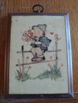 Vintage Hummel  Boy Sitting On Fence with flowers &amp; bird  wood plaque 7&quot; X 5&quot; - £3.86 GBP