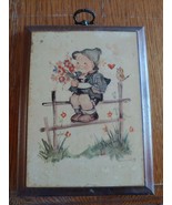 Vintage Hummel  Boy Sitting On Fence with flowers &amp; bird  wood plaque 7&quot;... - $4.85