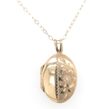 14k Yellow Gold Very Small Oval Locket Engraved Flower with Chain (#J6523) - $450.45