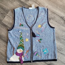 Vintage White Stag Blue Embroidered Beaded Patchwork Holiday Sweater Ves... - $14.84