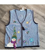 Vintage White Stag Blue Embroidered Beaded Patchwork Holiday Sweater Ves... - €12,70 EUR