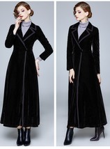 Women&#39;s Coat Winter Designer Women Vintage Notched Collar Wrap Black Velvet Maxi - £198.04 GBP