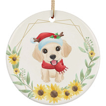 Cute Golden Retriever Dog Lover Ornament Sunflower Wreath Xmas Gift Tree Decor - £11.73 GBP