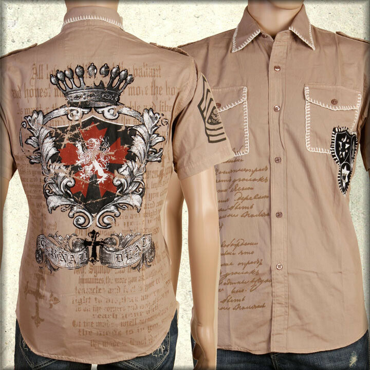 Primary image for Etzo Lion Shield Patch Moto Mens Short Sleeve Button Up Dress Shirt Tan $78 S-L