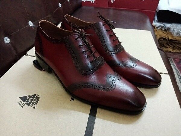 Men Burgundy Color Wing Tip Burnished Rounded Toe Leather Lace Up Shoes US 7-16