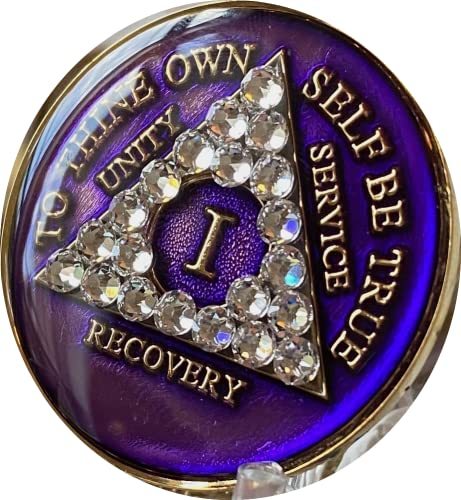 Recovery Mint 1 Year AA Medallion Purple Tri-Plate Clear Diamond Like Swarovski