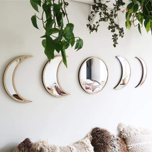 5Pec Natural Wall Interior Design Wooden Moon Phas Mirror Wall Decorate for Home - £33.40 GBP