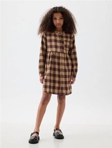 New Gap Kids Girls Flannel Long Sleeve Brown Ivory Plaid Shirt Dress 10 Button - $24.74