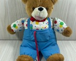 Eden vintage plush talking brown teddy bear polka dots blue overalls red... - $49.49