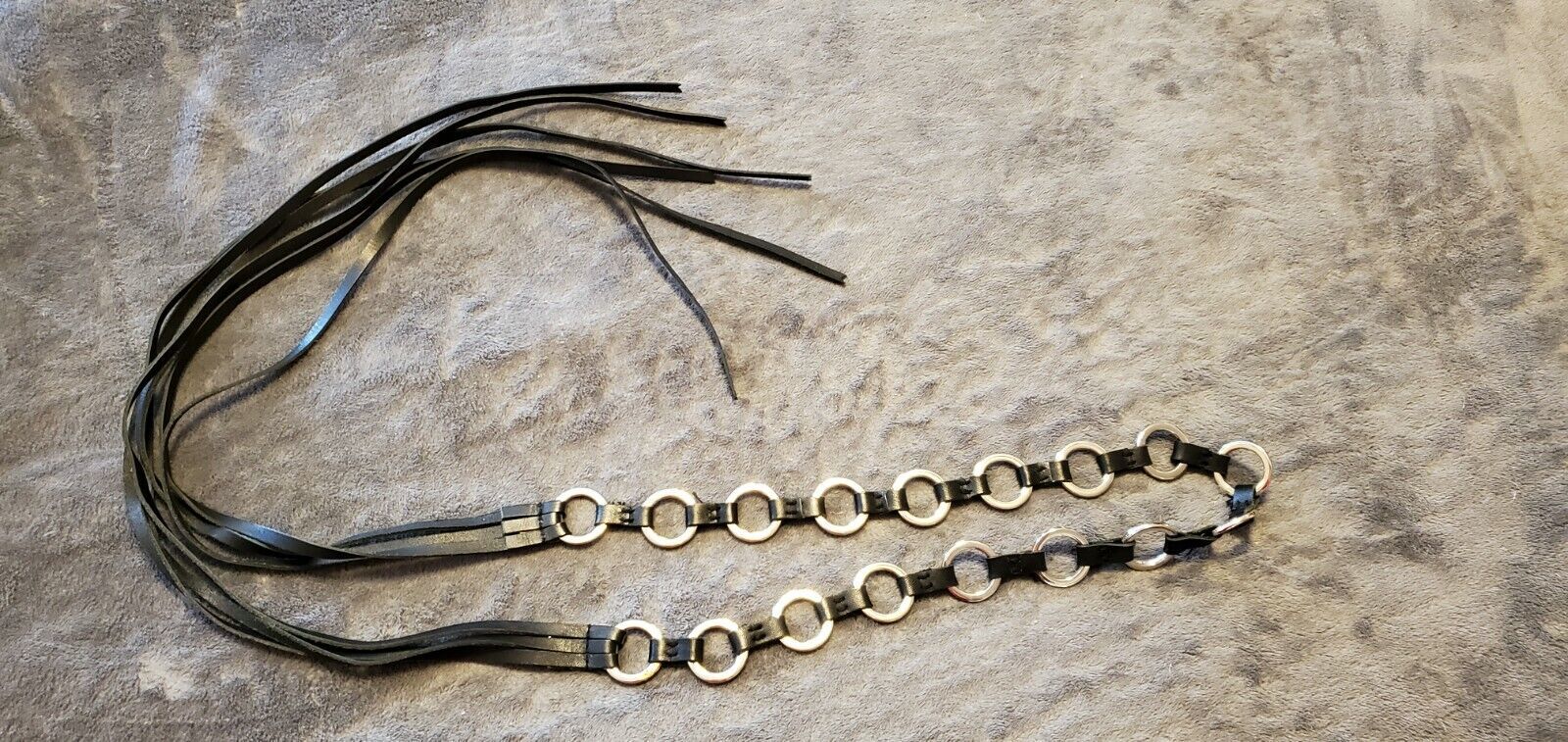 VINTAGE BLACK LEATHER AND SILVER HOOP FRINGE TIE BELT  - $55.00