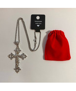 Gothic Cross Charm Necklace Floral Design Big Punk Goth Silver Tone New - $18.98